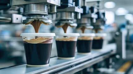 Industrial production line of creamy chocolate being dispensed into clear dessert cups in a food manufacturing facility setting, showcasing automation process