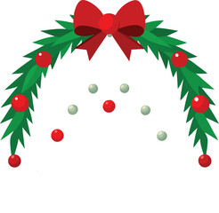 Festive Winter Arch Frame with Evergreen Foliage Red Berries Red Bow and Hanging Ornaments