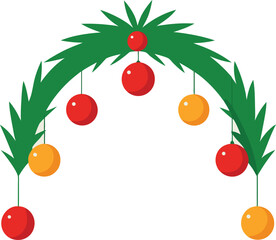 Arch frame border of green fir branches decorated with red and orange baubles on transparent background seasonal ornament