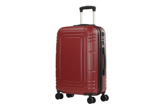 A sleek red hardshell travel suitcase with an extended telescopic handle, side grip, integrated combination lock, and smooth multi-directional spinner wheels. background removed