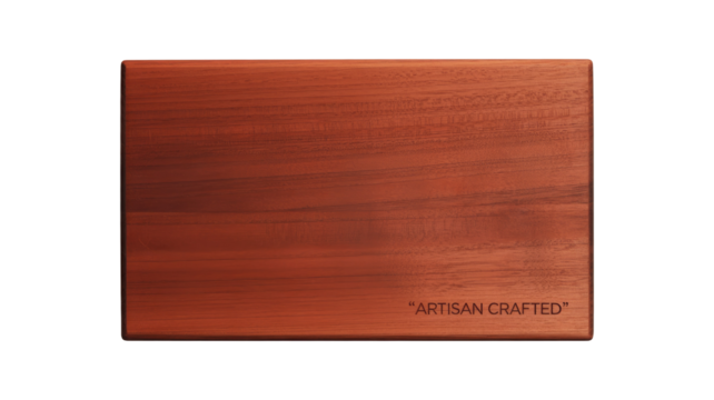 A reddish-brown wooden cutting board or serving platter with visible grain and 'ARTISAN CRAFTED' text, set against a solid transparent background. background removed - Powered by Adobe