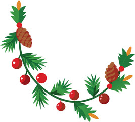 Green Pine Branch Adorned with Red Berries and Brown Pine Cones Arranged in a Curving Decorative Pattern