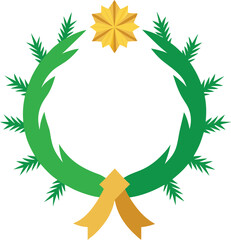 Circular Green Garland with Golden Star and Ribbon Festive Decoration Element Isolated on Transparent Background