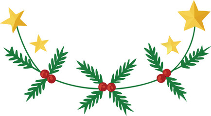Festive Horizontal Garland with Green Branches Red Berries Golden Stars Isolated on Transparent