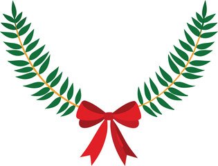 Green Leafy Garland with Red Bow Decorative Horizontal Element Isolated on Transparent Background