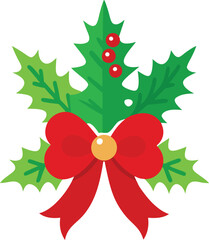 Flat Design Illustration of Holly Berries and Leaves with Red Bow Holiday Festive Decoration Element Isolated on Transparent Background