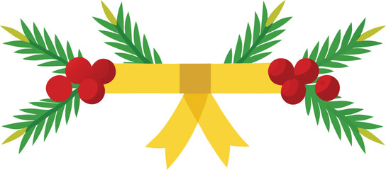 Yellow Ribbon Bow with Green Pine Needles Red Berries Decorative Banner Element Holiday Festivity Design Vector Illustration