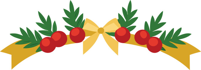 Golden Ribbon Bow with Green Leaves Red Berries Decorative Border Design Element Festive Ornament Vector Illustration