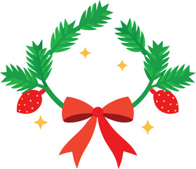 Green Wreath with Red Pinecones Red Bow and Golden Stars Holiday Season Decoration Vector Illustration