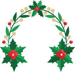 Winter Holiday Wreath Design Element Flat Style Foliage Decoration Red Berries and Flowers Graphic Illustration