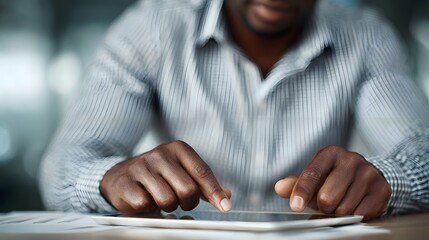 Man s hands using a tablet computer on a desk focusing on digital interaction and productivity
