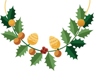 Flat Design Winter Garland with Holly Leaves Pinecones Berries Seasonal Decoration Graphic Element