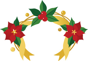 Golden Ribbon Wreath with Poinsettia Flowers Holly Leaves Berries Winter Holiday Decoration Frame