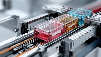 Colorful transparent boxes moving along a modern conveyor system in an industrial setting, showcasing advanced technology and efficient manufacturing processes.