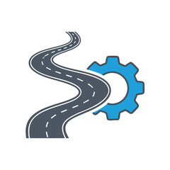 A winding road merges with a blue gear, symbolizing industry and progress.