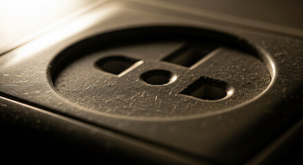 Close-up of an electrical outlet socket with warm moody lighting.
An extreme close-up, low-angle macro shot of a single European-style electrical power socket, featuring the classic two-hole Schuko 