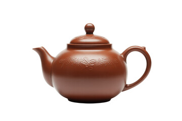 Elegant brown ceramic teapot with intricate floral engravings, ideal for brewing a warm cup of tea, isolated. background removed