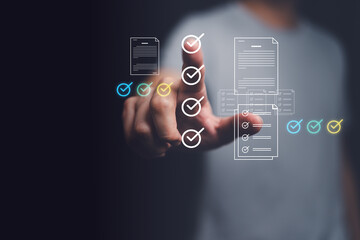 Businessman using digital checklist interface with holographic document and approval icon, representing task management, workflow automation, productivity, compliance, digital transformation concept.
