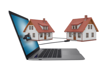 Laptop screen displays smart home automation, with a security camera monitoring two houses connected by a system, symbolizing digital property management. background removed