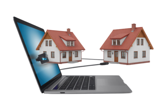 Laptop screen displays smart home automation, with a security camera monitoring two houses connected by a system, symbolizing digital property management. background removed