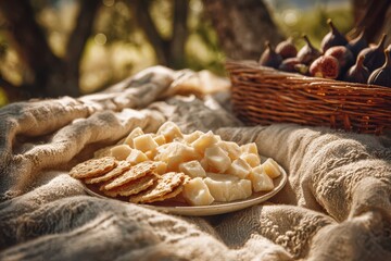 Rustic outdoor picnic featuring cheese cubes, crisp crackers, and fresh figs.