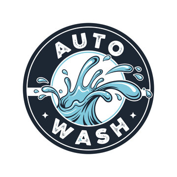 A circular emblem depicts water splashing inside, with the words "AUTO WASH" surrounding the image