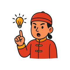 Chinese man having bright idea with light bulb. Surprised man in traditional clothes finding solution.