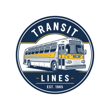 A vintage bus illustration within a circular emblem, featuring "TRANSIT LINES EST. 1965