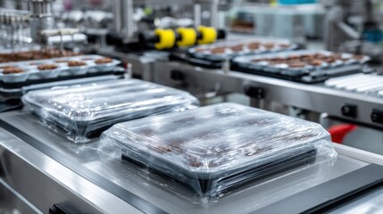 Industrial Food Packaging Process with Vacuum-Sealed Trays in a Modern Production Facility for Food Safety and Freshness