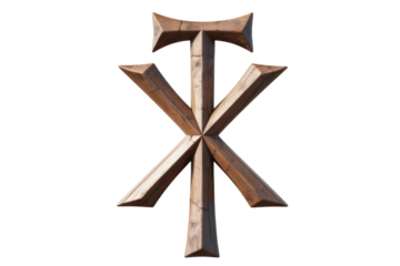 A rustic wooden symbol, possibly a stylized Chi Rho, with a central vertical beam, intersecting diagonals, and a horizontal top. background removed