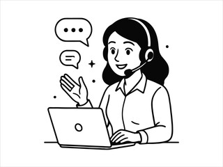 Female agent with headset talking to client online with chat icons and laptop