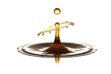 A perfectly timed macro shot captures a golden liquid droplet impacting a surface, creating a beautiful splash crown and secondary upward droplet formation. background removed