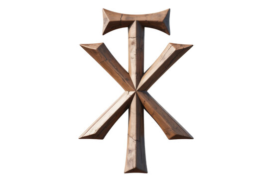 A rustic wooden symbol, possibly a stylized Chi Rho, with a central vertical beam, intersecting diagonals, and a horizontal top. background removed