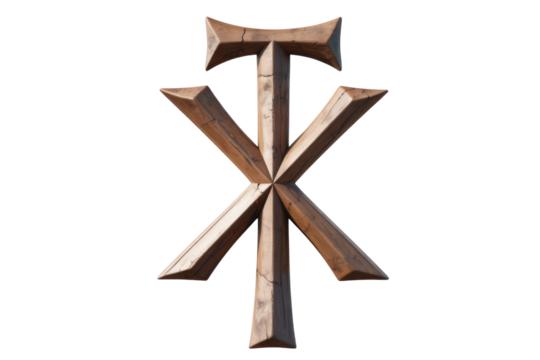 A rustic wooden symbol, possibly a stylized Chi Rho, with a central vertical beam, intersecting diagonals, and a horizontal top. background removed