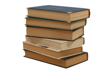 A stack of six old, hardcover books with worn pages and covers, piled neatly one atop the other. background removed