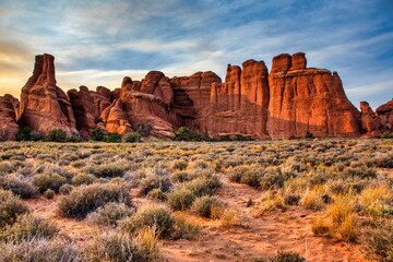 Arches Nationalpark, Moab in Utah US.. sunlit red rock desert landscape reveals towering sandstone spires and eroded fins under clear azure sky.