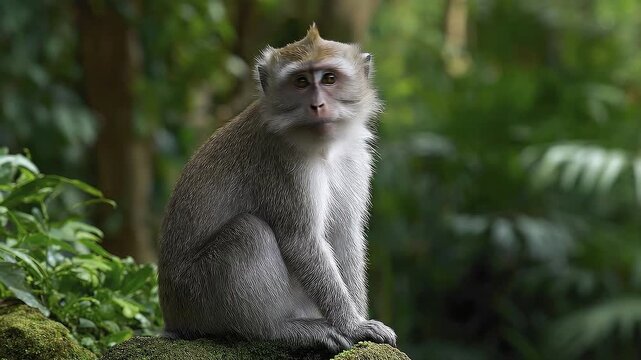 A gray monkey with a mohawk seated on a mossy surface gazes forward in a forest setting