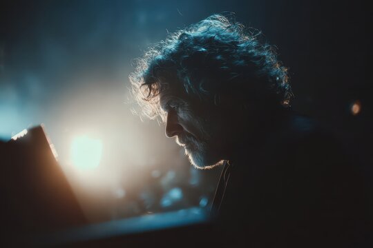 Dramatic close-up of a thoughtful man in profile, illuminated by a brilliant blue light.