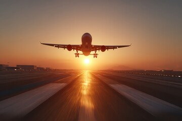 Fototapeta premium Commercial passenger airplane taking off from runway at vibrant sunset.