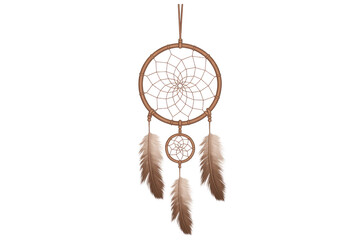 A traditional brown dream catcher with intricate web designs and multiple soft feathers, symbolizing protection against bad dreams. background removed