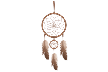 A traditional brown dream catcher with intricate web designs and multiple soft feathers, symbolizing protection against bad dreams. background removed