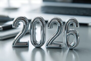 Sleek metallic 2026 on a modern desk, symbolizing future, success, and the new year.