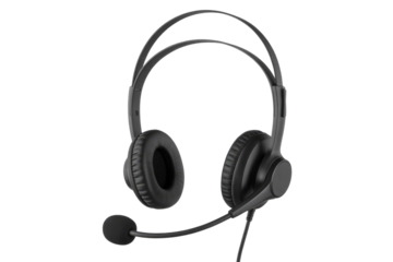 A black over-ear wired headset featuring an adjustable boom microphone, ideal for communication, gaming, and professional calls. background removed