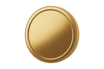 A blank, gleaming gold coin or medal with a ribbed edge, ready for custom inscription on a transparent background. background removed