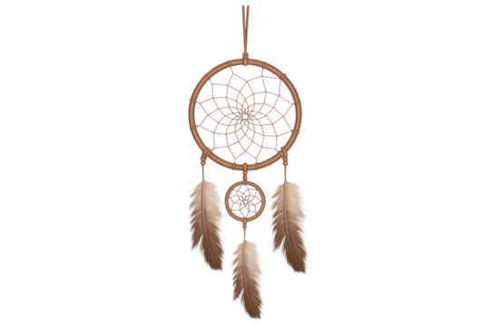 A traditional brown dream catcher with intricate web designs and multiple soft feathers, symbolizing protection against bad dreams. background removed - Powered by Adobe