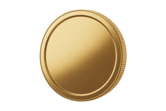 A blank, gleaming gold coin or medal with a ribbed edge, ready for custom inscription on a transparent background. background removed