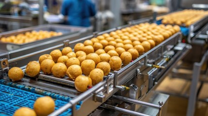 Freshly Made Round Balls of Dough on Production Line in a Factory Setting, Snacks Being Processed on Automated Conveyor Belt
