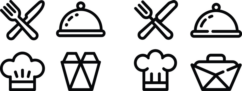 A set of eight simple black line art icons representing food and dining including crossed fork and knife covered dish chef hat and takeout box arranged in two rows on a white background