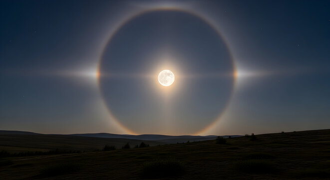Moon halo with parhelic circle and sun dogs