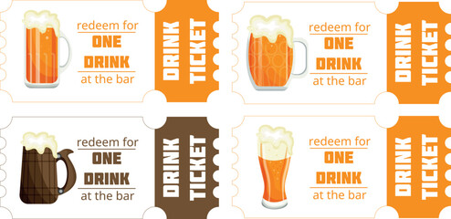 set of free beer coupons with various glasses of different shapes with light beer, for purchases, promotions or for promotional materials for the bar